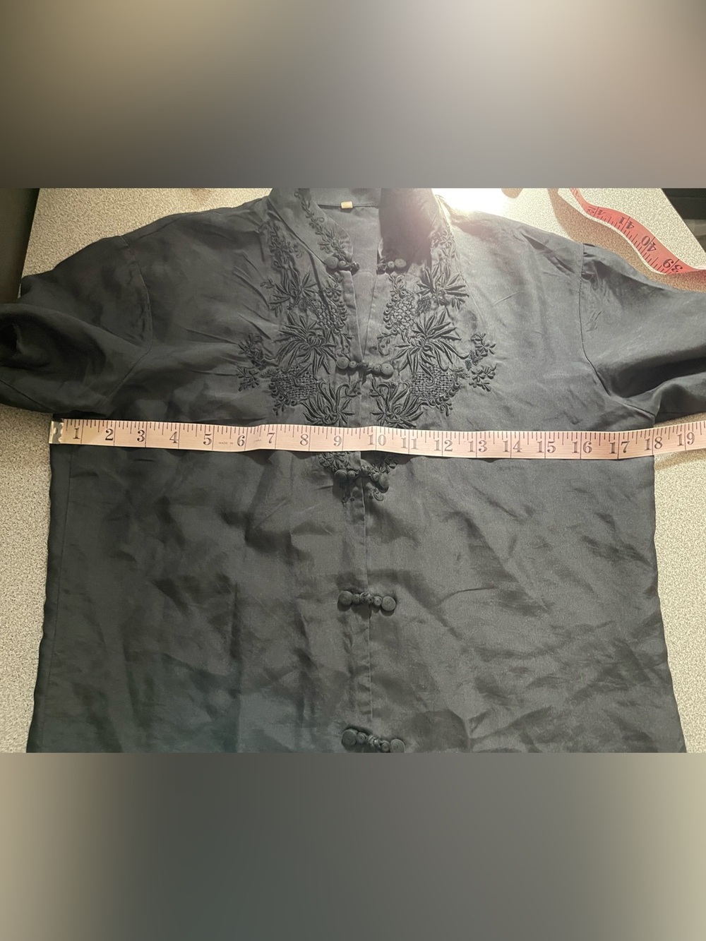 Black Silk Embroidered Short Sleeve Blouse - Picture 8 of 9